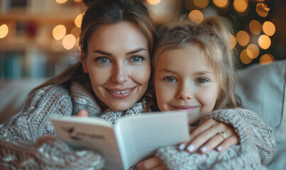 A woman and a little girl are sitting together on a couch, reading a book.