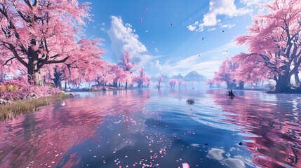 Ethereal Japanese Garden in Autumn, a Vivid Mosaic of Red and Green Reflecting in a Tranquil Pond