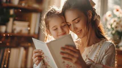 A woman and a little girl are sitting together on a couch, reading a book.