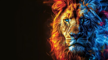   A tight shot of a lion's visage against a black backdrop, surrounded by splashes of red, blue, and yellow hues