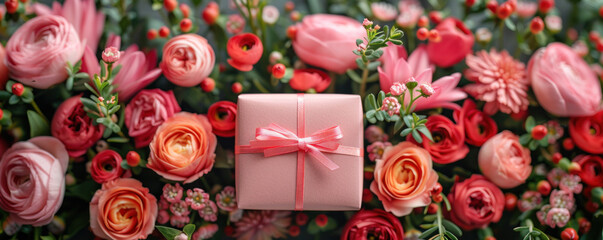 A pink box with a pink ribbon on a wooden table. The box is decorated with flowers, giving it a festive and joyful appearance. The blue ribbon adds a pop of color to the scene