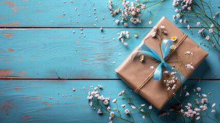 A blue box with a blue ribbon on a wooden table. The box is decorated with flowers, giving it a festive and joyful appearance. The blue ribbon adds a pop of color to the scene
