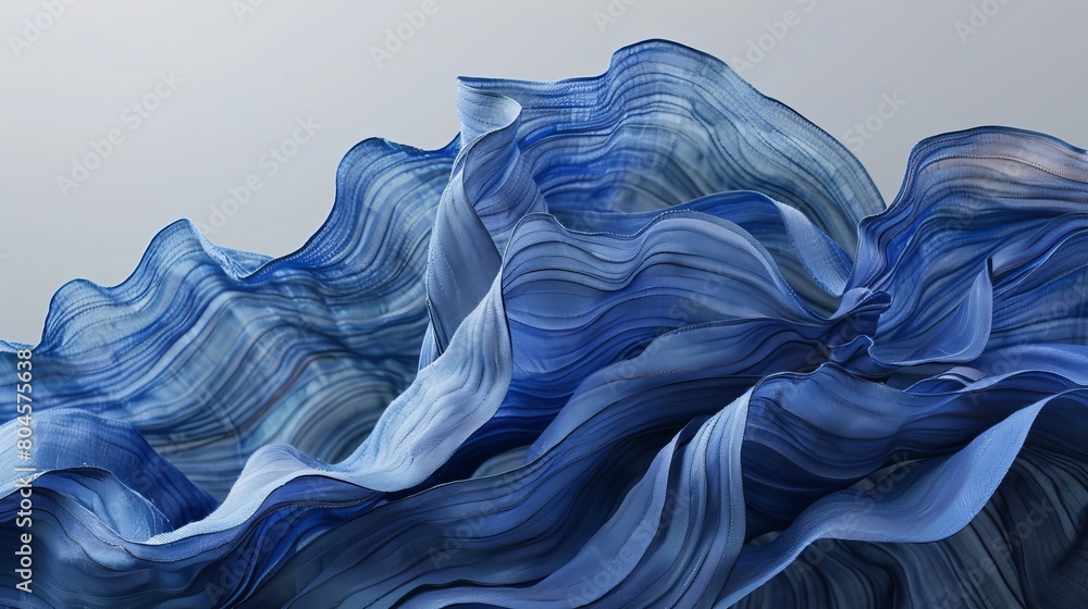 Poster layers of blue textiles arranged in a flowing wave pattern, set against a gray background.
