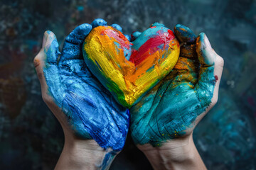 A hand holding a heart made of paint pride month concept
