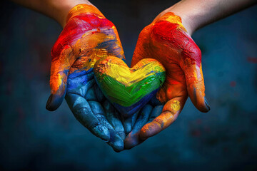 A hand holding a rainbow heart