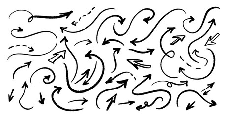 Different curved linear arrows isolated on a white background. Set of vector arrows in the doodle style.