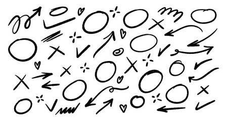 Doodle design elements - arrows, circles, check marks, crosses, hearts. Vector decoration elements.