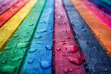 A rainbow with water droplets on it. The colors of the rainbow are vibrant and the water droplets add a sense of freshness and liveliness to the scene. The image conveys a feeling of joy and wonder