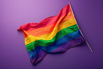 A rainbow flag is displayed on a purple background. The flag is colorful and vibrant, representing the LGBTQ+ community