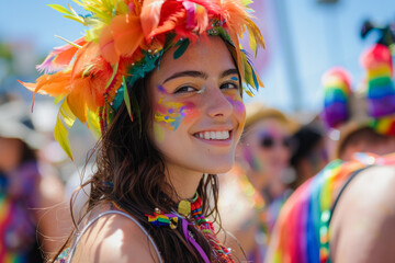A woman wearing a colorful headdress and makeup is smiling for the camera at a gay pride event