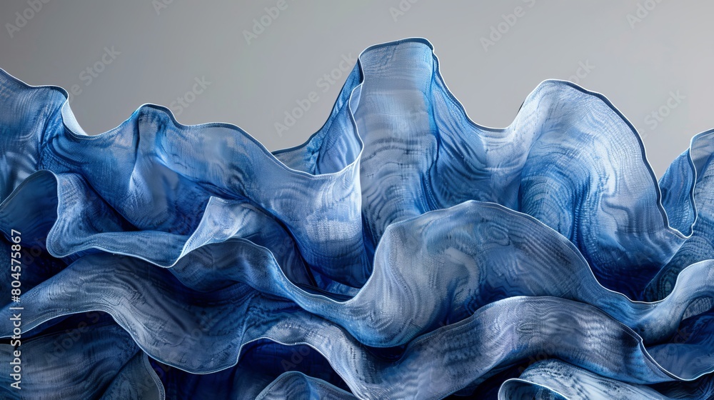 Poster layers of blue textiles arranged in a flowing wave pattern, set against a gray background.