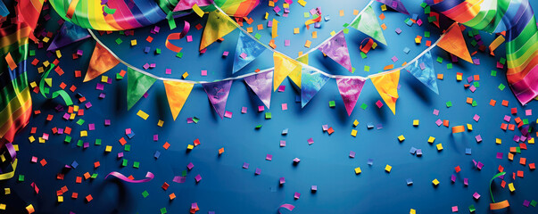 A colorful banner with streamers and confetti on a blue background. The banner is for a gay pride event