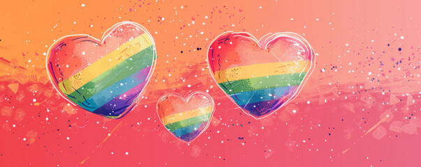 Three hearts with rainbow colors and a pink background