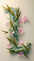 Letter "L" wrapped in wild flowers and bamboo leaves.