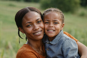 African mother and African daughter hugging in countryside on blurred green background