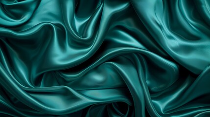 Obraz premium Dark teal green silk satin. Shiny smooth fabric. Soft folds. Luxury background with space for design. web banner. Flat lay, top view table. Birthday, Christmas, Valentine, New year