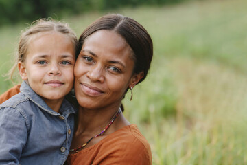 Obraz premium African mother and African daughter hugging in countryside on blurred green background