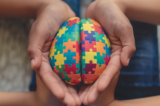 Adult and children hands holding brain with puzzle paper cutout, autism, memory loss, dementia, epilepsy and alzheimer awareness, world mental health day concept