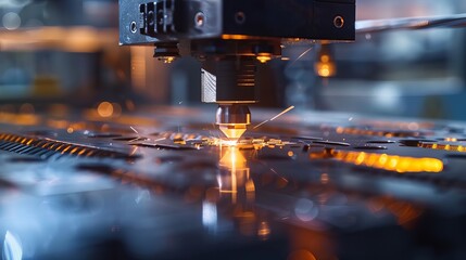 Modern industrial technology depicted in an illustration of laser cutting metal, utilizing CNC and laser optics for precise material processing.
