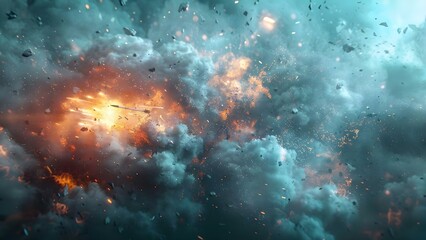 Concept of Warzone Destruction: Military Missiles and Fires in Vast Space. Concept Military Warfare, Space Destruction, Missiles, Fires, Devastation