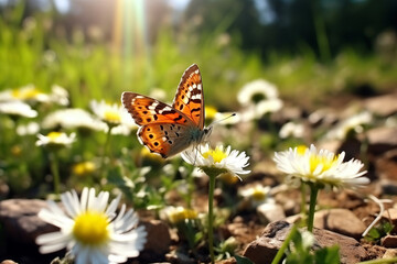 Butterfly on a flower in the rays of the setting sun
