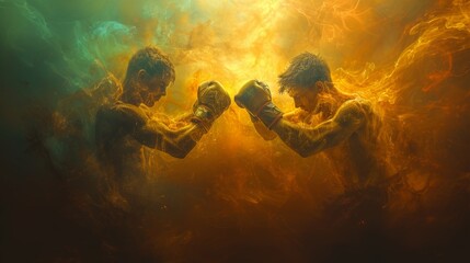 Intense boxing match  dynamic action of two resilient male fighters battling fiercely in the ring