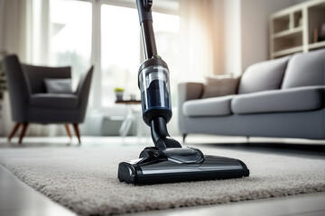 Vacuum cleaner cleaning carpet in living room, close-up