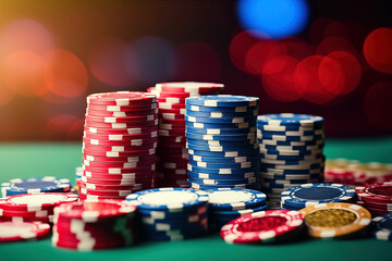Casino chips on a table with colorful bokeh background.