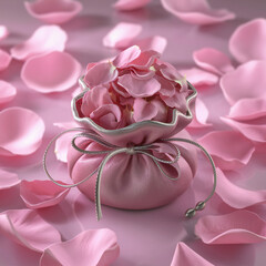 A luxurious pink satin pouch adorned with rose petals scattered over a subtle pink backdrop highlights.