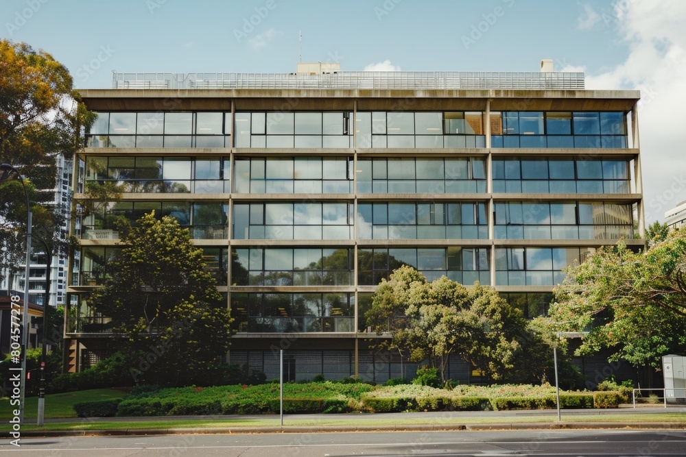 Poster an office building with large windows and concrete facade generative ai