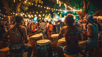 Fototapeta premium A group of individuals actively engaged in drumming, creating rhythmic beats and melodies together.