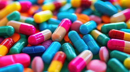 An array of multicolored pharmaceutical pills and capsules generative ai images
