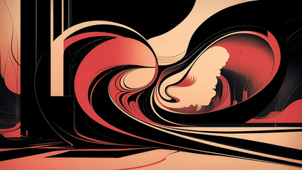 Abstract minimalist background, black and red colors, inspired by the Art Nouveau artistic style.