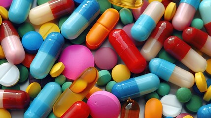 An array of multicolored pharmaceutical pills and capsules generative ai images
