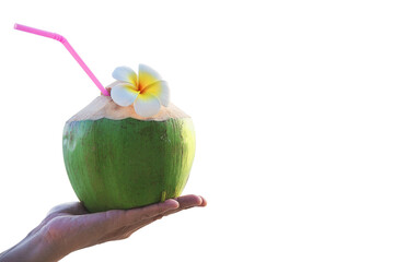 Cool young coconut juice with water droplets isolated