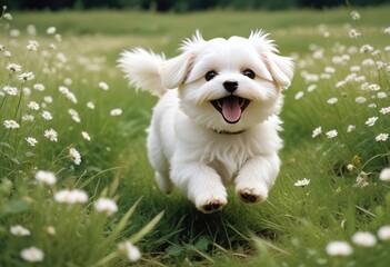 Maltese domestic dog puppy running across a meadow, Rhineland-Palatinate