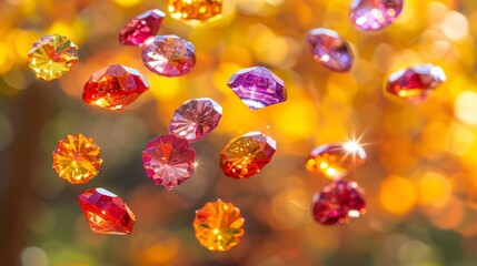   A tight shot of multicolored diamonds in mid-air against a backdrop of radiant light