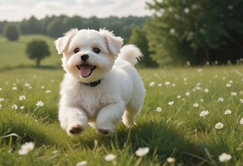 Maltese domestic dog puppy running across a meadow, Rhineland-Palatinate