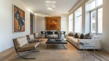 A minimalist living room adorned with contemporary artwork, offering a sleek and stylish welcome."