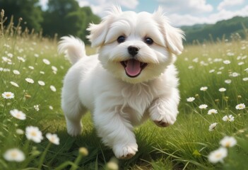 Maltese domestic dog puppy running across a meadow, Rhineland-Palatinate