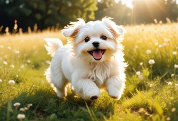 Maltese domestic dog puppy running across a meadow, Rhineland-Palatinate