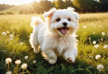 Maltese domestic dog puppy running across a meadow, Rhineland-Palatinate