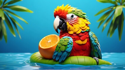 Naklejka premium Cute parrot with fruits on tropical blue background. Summer concept