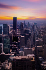 Chicago cityscape aerial view, High rise buildings, cloudy sky background, Chicago, United States	
