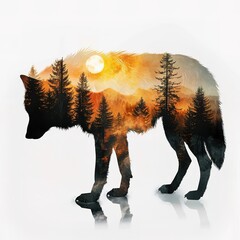 Double exposure of wolf silhouette with forest landscape, jungle sunset, fascinating nature.	