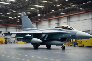 Powerful fighter jet parked in a hangar, ready for deployment, representing advanced military technology and aerial defense preparedness in a secure facility