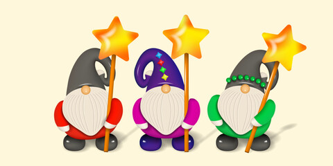 Cartoon christmas dwarfs. Figures of a small bearded gnomes and christmas stars