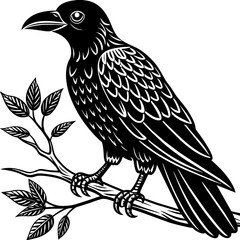 crow-siting-on-the-tree-stick-coloring-book-vector