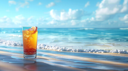 Summer mocktail drink with blur beach on background