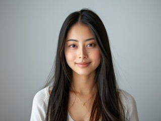 Naklejka premium Woman With Long Black Hair in White Shirt